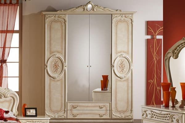 Шкаф 4-х дверный с зеркалами, Роза беж