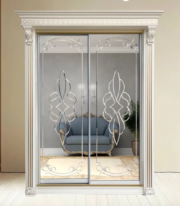 Шкаф-купе Классик 2-х дверный Орнамент 2 зеркала 1730мм Слоновая кость