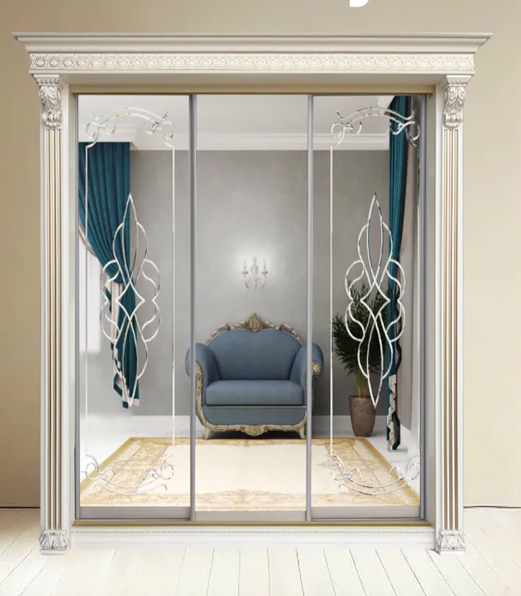 Шкаф-купе Классик 3-х дверный Орнамент 3 зеркала 2830 мм Слоновая кость