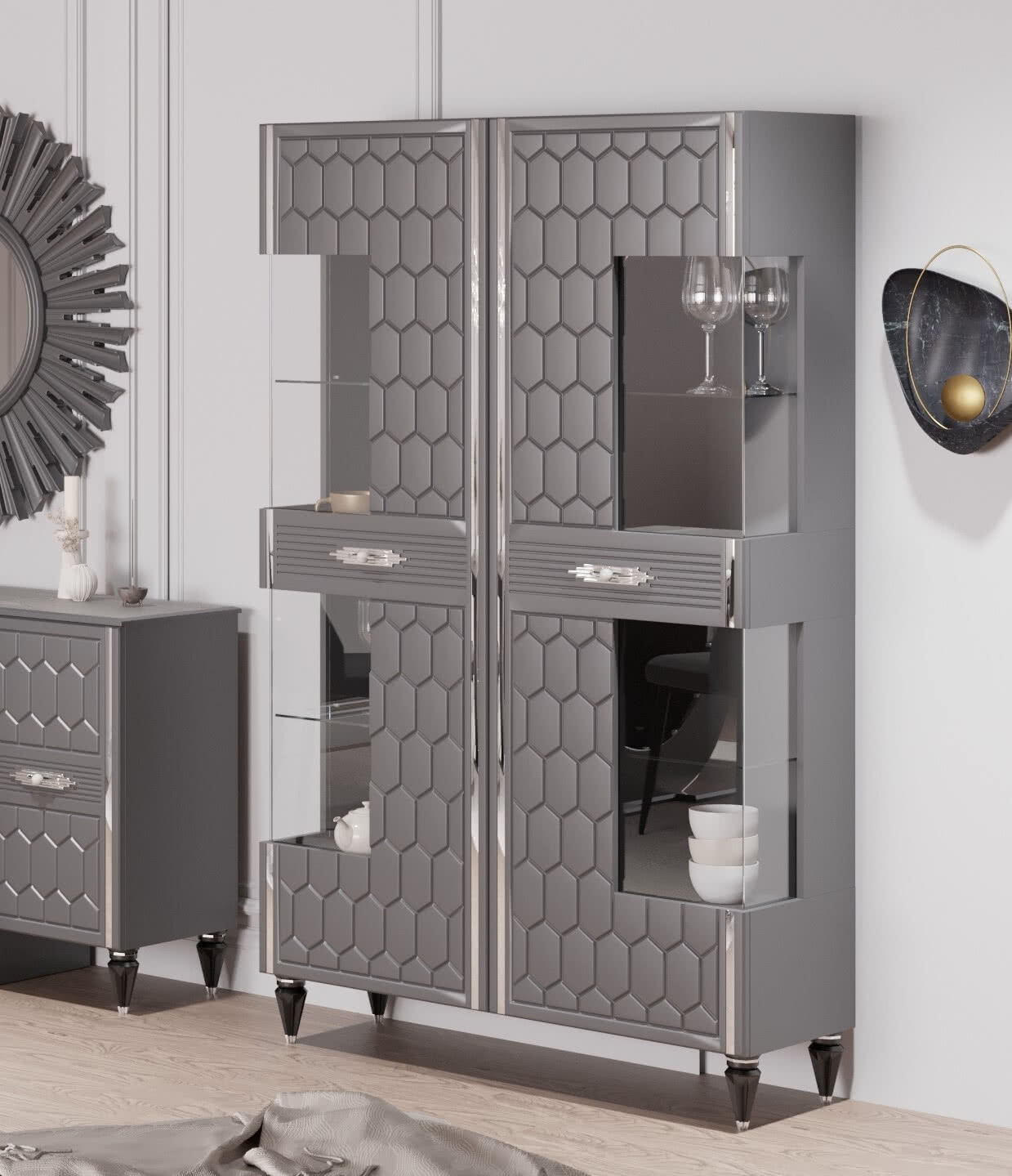 Гостиная Мария ГМР-03 Шкаф-витрина 2-х дверный Графит с серебром