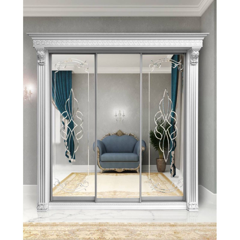 Шкаф-купе Классик 3-х дверный Орнамент 3 зеркала 2380 мм Белый