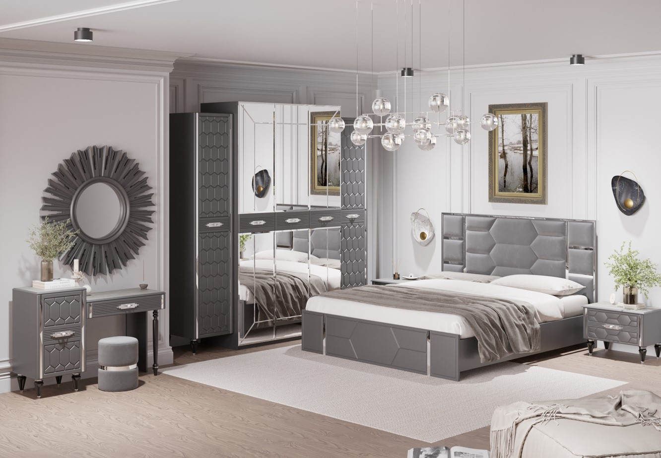 Комплект (сер.-сереб.) 5-дв. шк, кровать 1,6м, спальня "Мария"