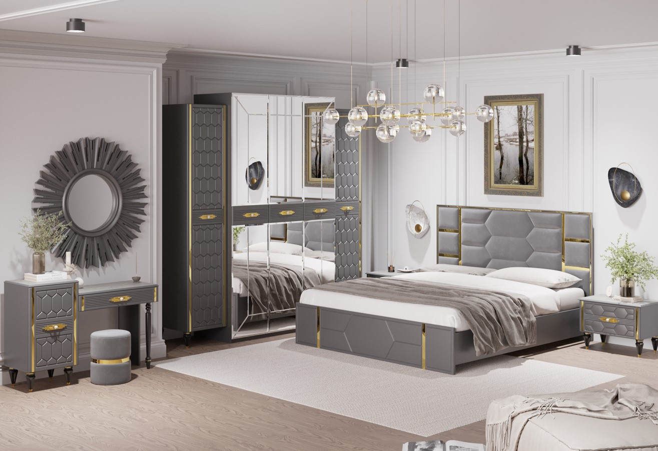 Комплект (сер.-зол.) 5-дв. шк, кровать 1,6м, спальня "Мария"