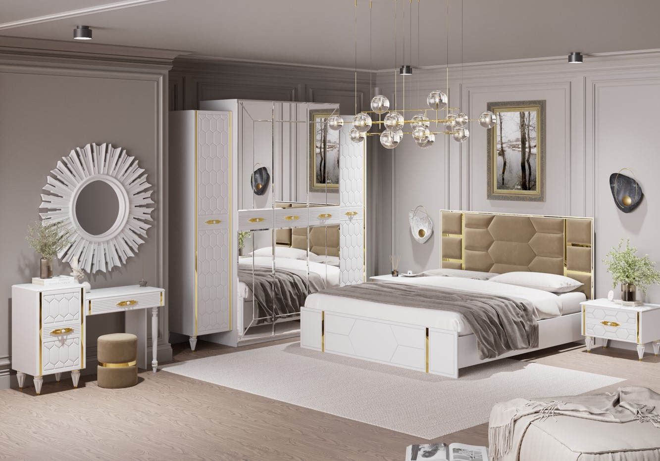 Комплект (бел.-зол.) 5-дв. шк, кровать 1,6 м, спальня "Мария"