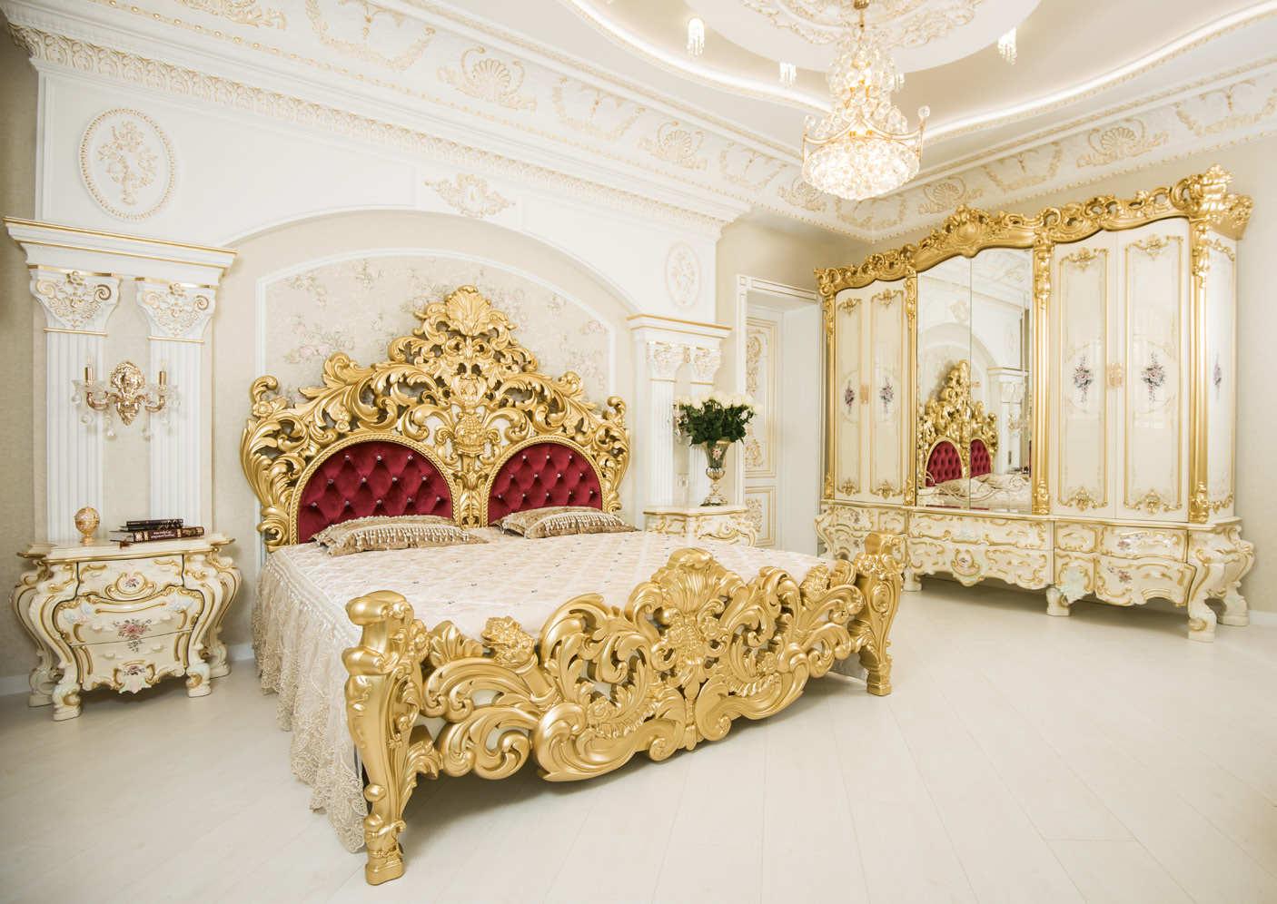 Комплект спальни "Барокко" с 6 дв. шк Слоновая кость + золото