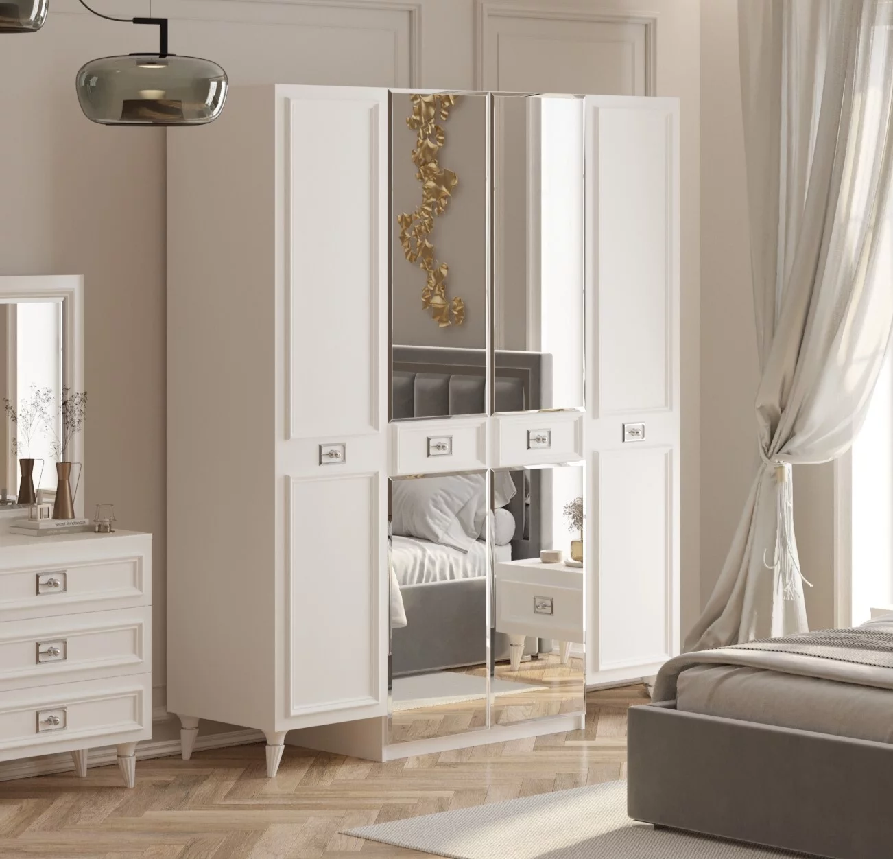 Шкаф 4-дверный (бел.-сереб.) спальня "Виктория"