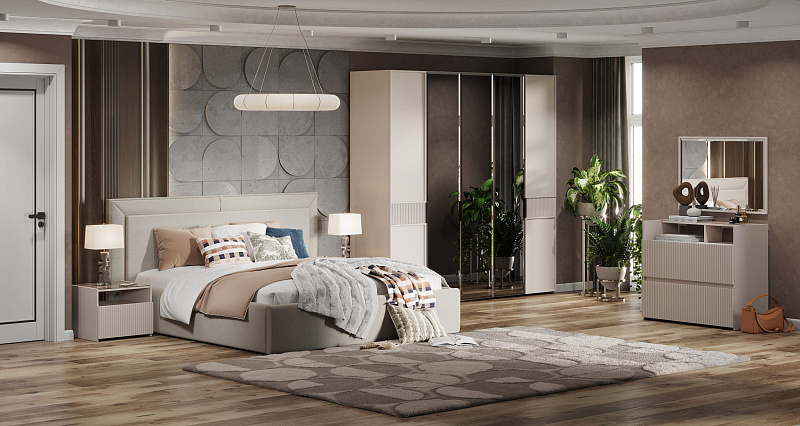 Купить Спальня "Афина" (Кровать 1,8; 2 тумбы; Комод с зеркалом; Шкаф 5 дверный) мебельной фабрики АРИДА
