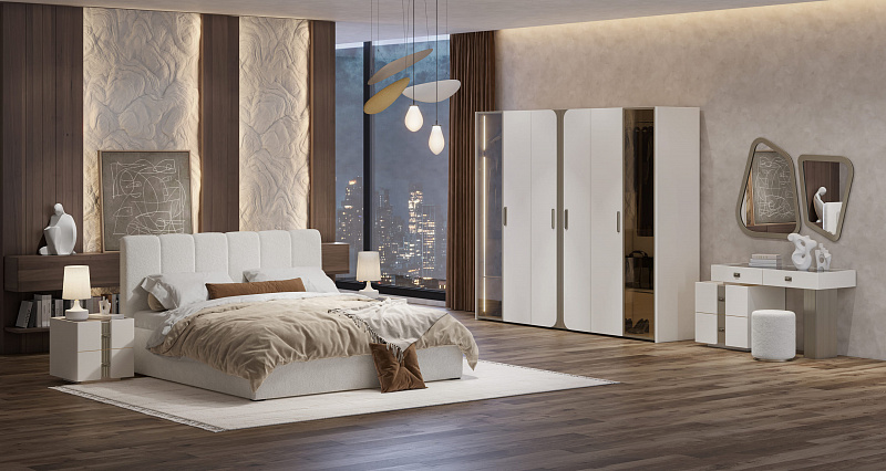 Купить Спальня "Леонардо" (Кровать 1,8 с малым изголовьем; 2 тумбы; Туалетный стол с зеркалом и пуфом; Шкаф 6 дверный) мебельной фабрики АРИДА