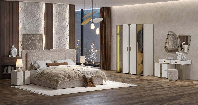 Купить Спальня "Леонардо" (Кровать 1,6 с малым и большим изголовьем; 2 тумбы; Туалетный стол с зеркалом и пуфом; Шкаф 4 дверный) мебельной фабрики АРИДА