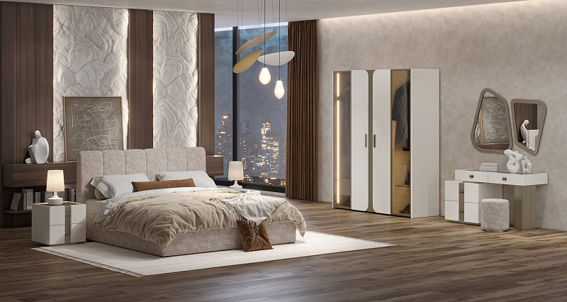 Купить Спальня "Леонардо" (Кровать 1,6 с малым изголовьем; 2 тумбы; Туалетный стол с зеркалом и пуфом; Шкаф 4 дверный) мебельной фабрики АРИДА