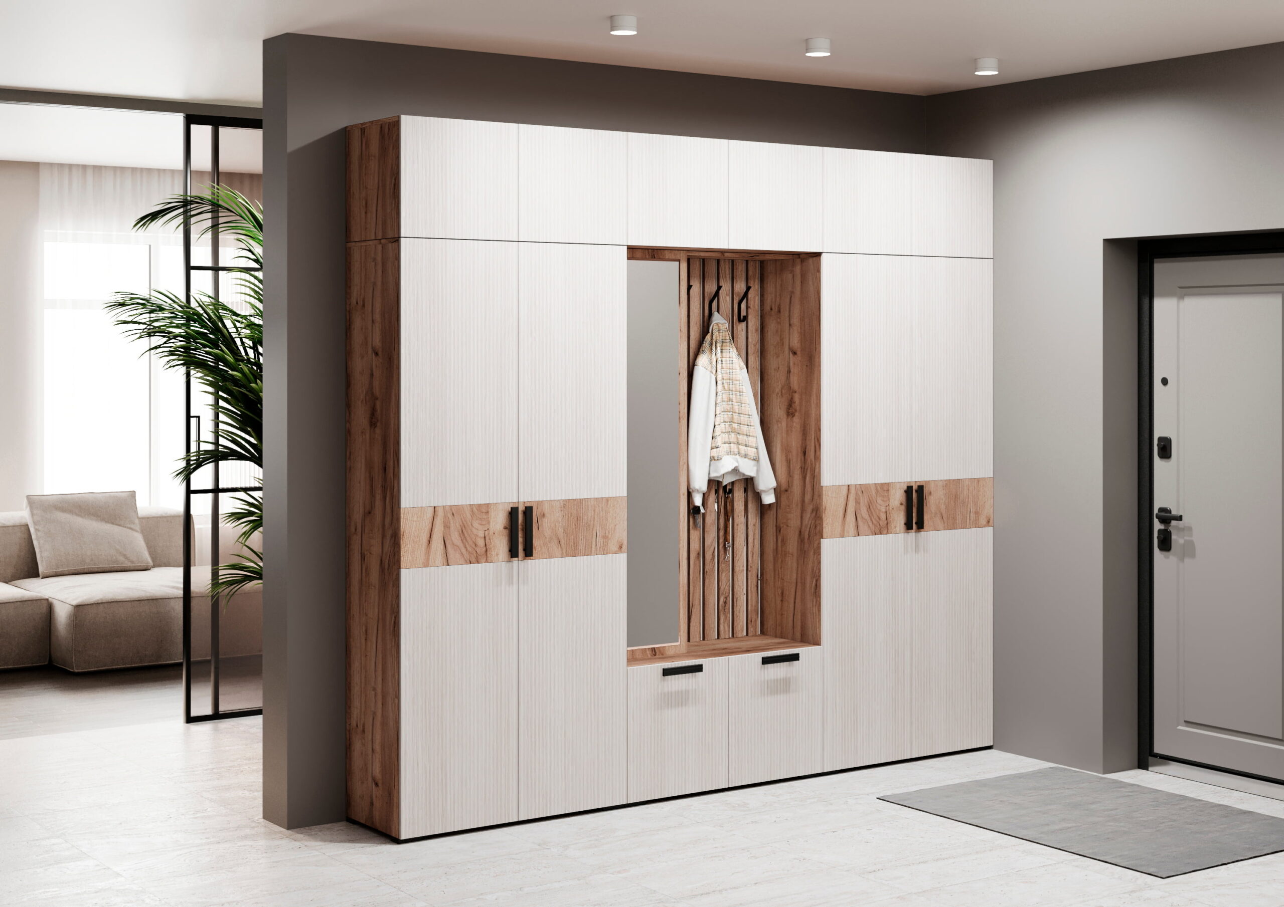 Прихожая «Берта» вариант компоновки N 6 с антресолью (ПБ-02+ПБ-03+ПБ-03+ПБ-05+ПБ-05) 2700х420х2400